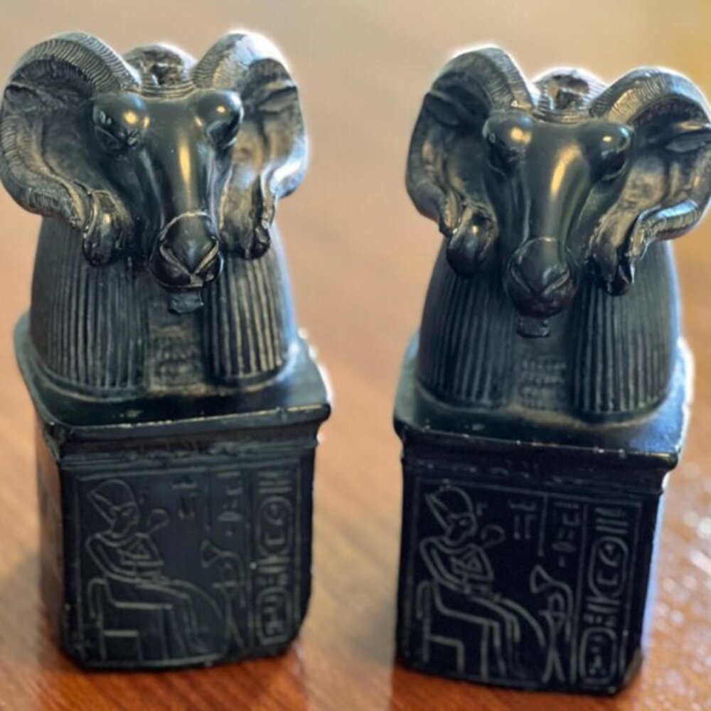 Vintage 1980s ram's head stone carved book ends, heavy, home decor, rare